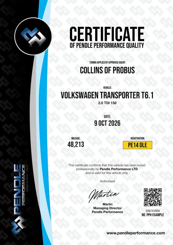 Example Certificate of Pendle Performance Quality - tuning applied by approved agent Collins of Probus