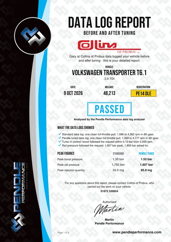 Example data log report, page 1 - PASSED, analysed by the Pendle Performance data log analyser